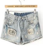 Romwe Vintage Robot Print Fringe Shorts