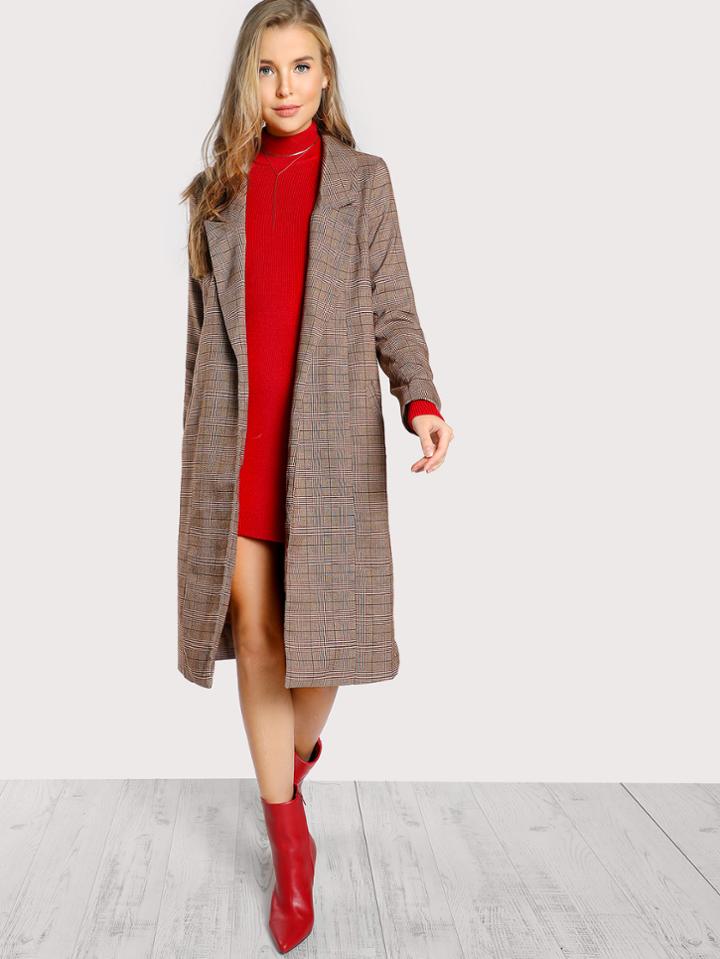 Romwe Peak Collar Plaid Coat