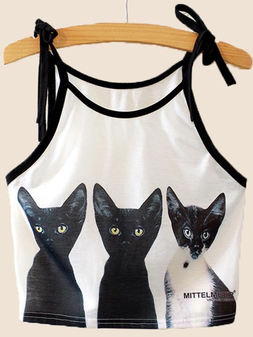 Romwe White Cat Print Contrast Trim Tie Shoulder Cami Top