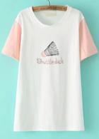 Romwe Contrast Sleeve Badminton Print Pink T-shirt