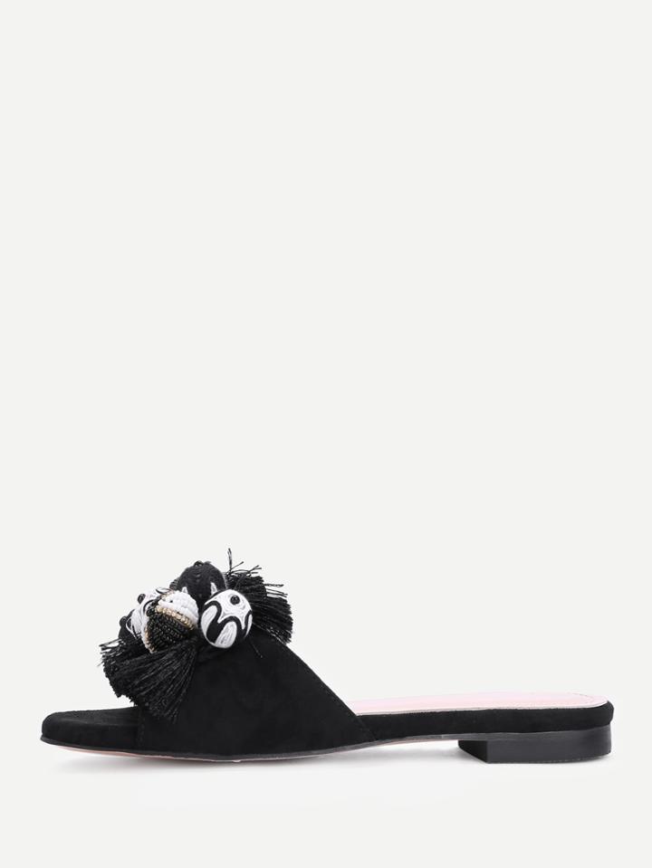 Romwe Tassel & Ball Decorated Flat Sandals