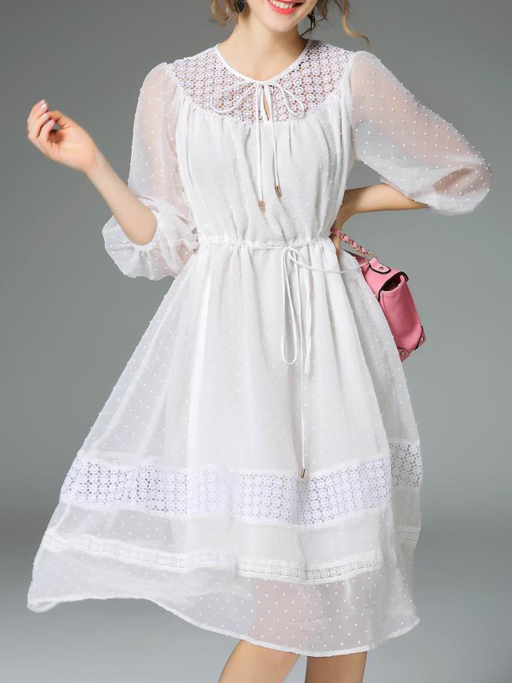 Romwe White Tie Neck Embroidered Drawstring Dress