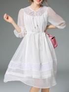 Romwe White Tie Neck Embroidered Drawstring Dress