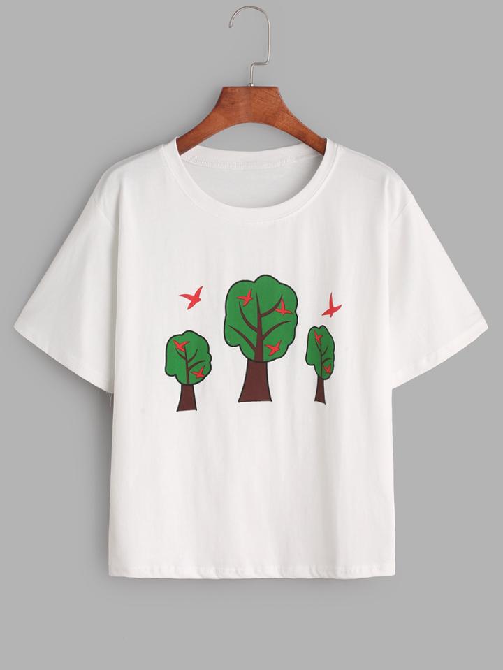Romwe White Tree Print T-shirt