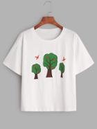 Romwe White Tree Print T-shirt