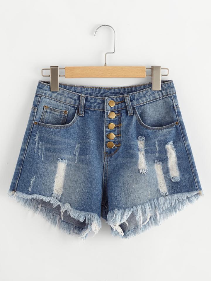Romwe Buttoned Front Destroyed Denim Shorts