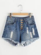 Romwe Buttoned Front Destroyed Denim Shorts
