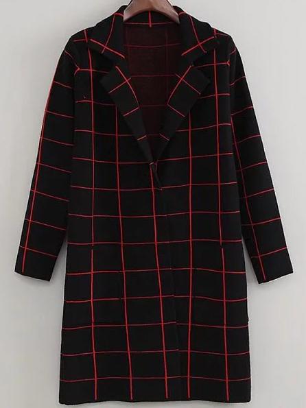 Romwe Black Grid Lapel Long Coat With Pockets
