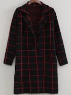 Romwe Black Grid Lapel Long Coat With Pockets