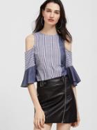 Romwe Vertical Striped Bow Back Cold Shoulder Ruffle Sleeve Top