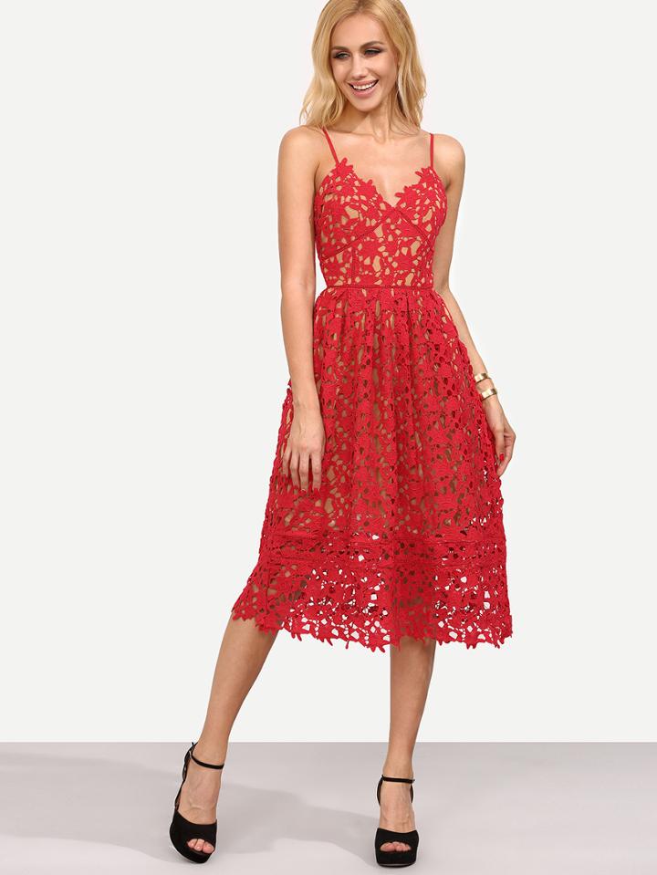 Romwe Red Hollow Out Fit & Flare Lace Cami Dress