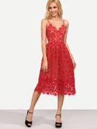 Romwe Red Hollow Out Fit & Flare Lace Cami Dress