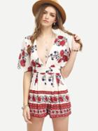 Romwe Multicolor Print Half Sleeve Deep V Neck Jumpsuit