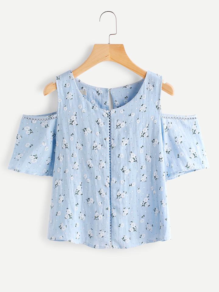 Romwe Open Shoulder Ditsy Print Hollow Out Blouse