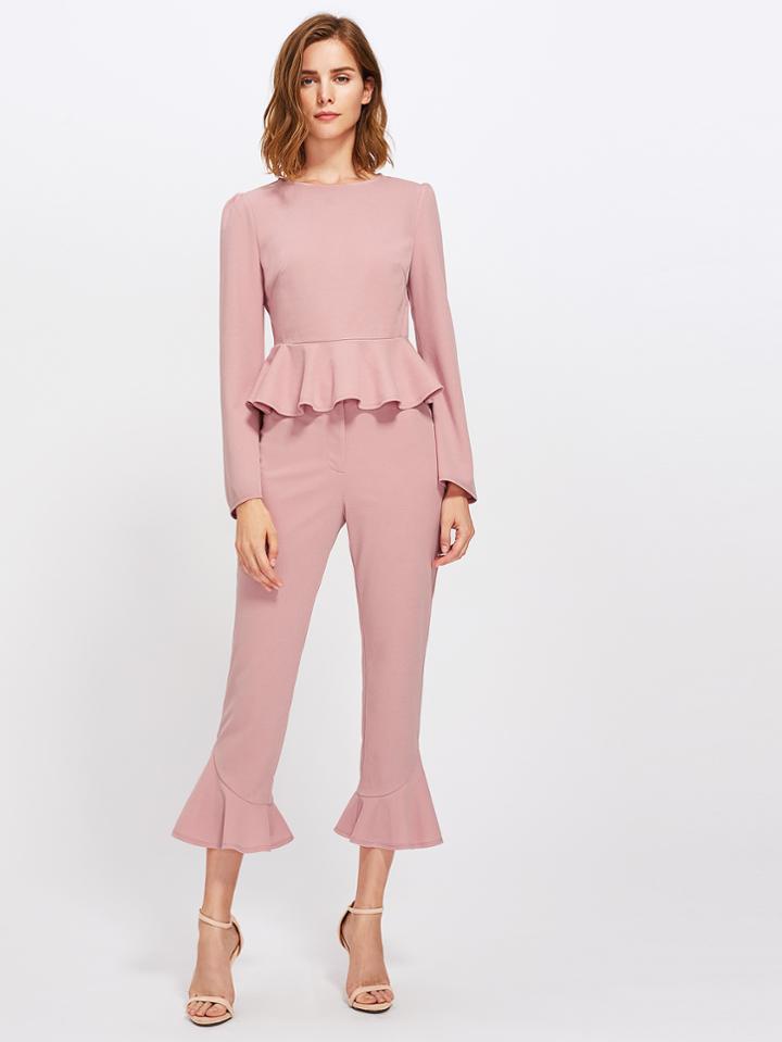 Romwe Bell Sleeve Peplum Top And Tailored Ruffle Hem Pants Set