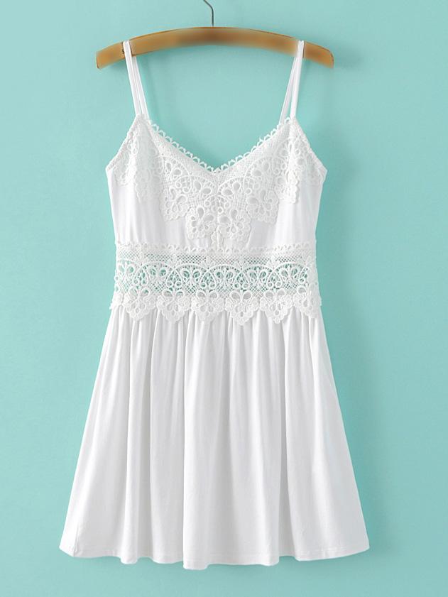 Romwe White Spaghetti Strap Crochet Pleated Top