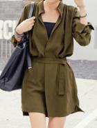 Romwe Army Green V Neck Belt Coat