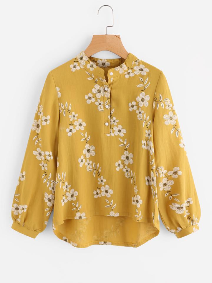 Romwe All Over Florals Dip Hem Blouse
