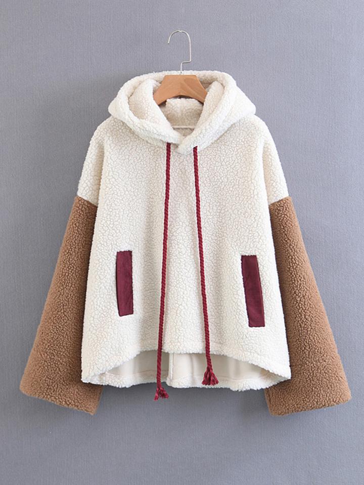 Romwe Contrast Sleeve Faux Shearling Hoodie