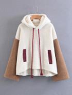 Romwe Contrast Sleeve Faux Shearling Hoodie