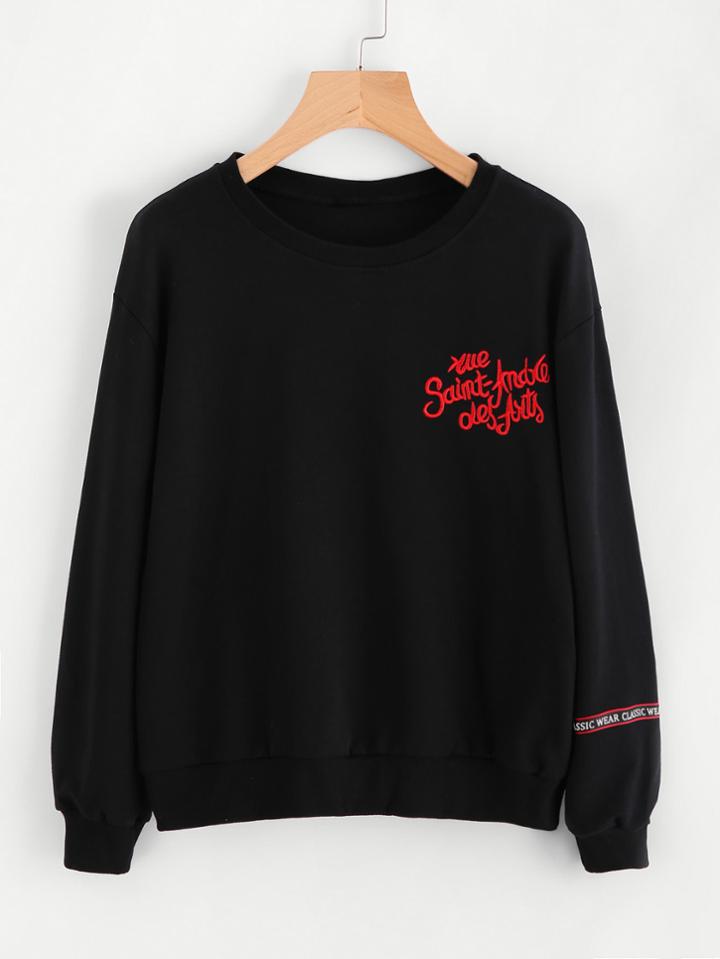 Romwe Slogan Embroidered Patch Sleeve Sweatshirt