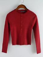 Romwe Round Neck Buttons Slim Crop Wine Red Knitwear