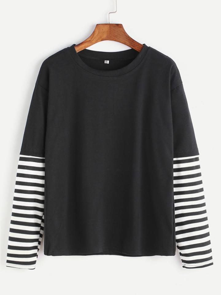 Romwe Black Stripped Contrast Sleeve T-shirt