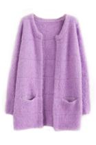 Romwe Romwe Open Front Mohair Purple Cardigan