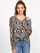 Romwe Grey V Neck Drop Shoulder Leopard Sweater