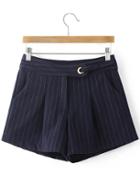 Romwe Navy Stripe Zipper Fly Pocket Shorts