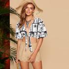Romwe Knot Front Bishop Sleeve Tropical Print Top