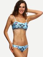 Romwe Blue Flower Print Lace Trim Bikini Set