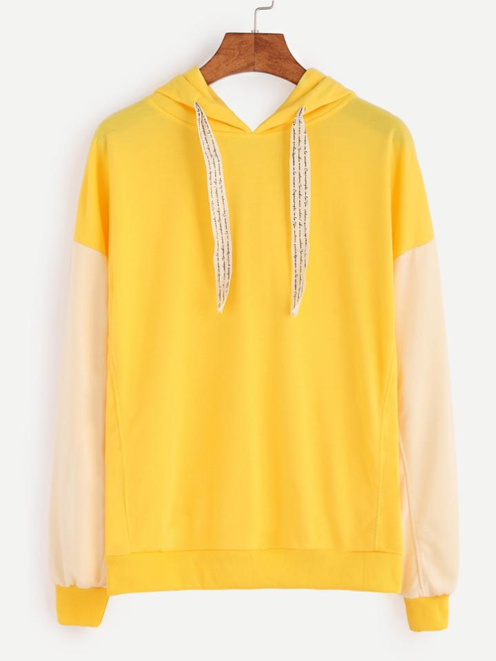 Romwe Contrast Dropped Shoulder Seam Drawstring Hooded Sweatshirt