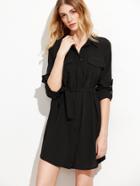 Romwe Black Roll Tab Sleeve Self Tie Shirt Dress