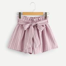 Romwe Self Tie Waist Striped Paperbag Shorts