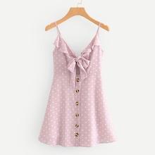 Romwe Ruffle Trim Knot Front Spot Cami Dress