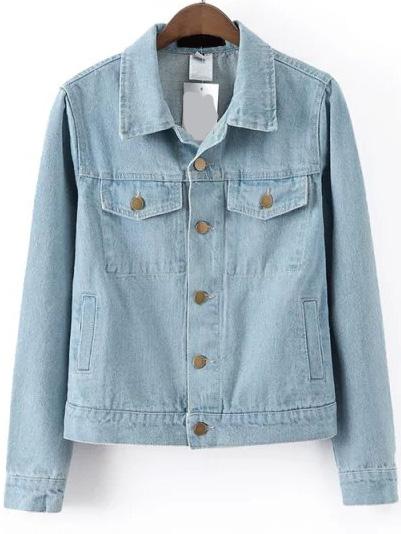 Romwe Lapel Pockets Denim Pale Blue Coat