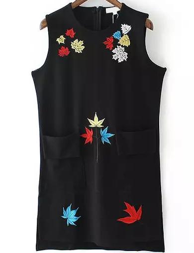 Romwe Dip Hem With Pockets Embroidered Black Dress