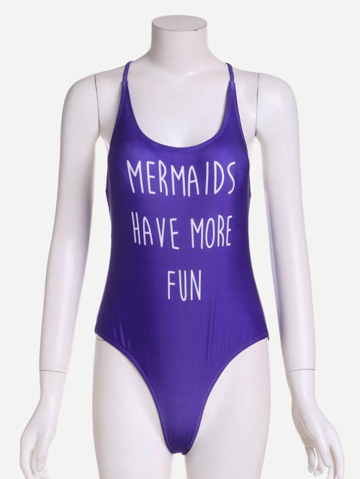 Romwe Purple Letter Print One Piece Swimwear