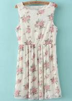 Romwe White Sleeveless Floral Pleated Lace Dress
