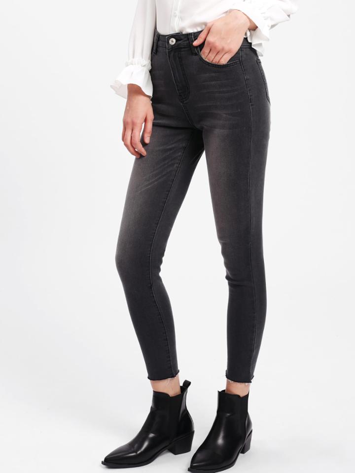 Romwe Dark Washed Raw Hem Jeans