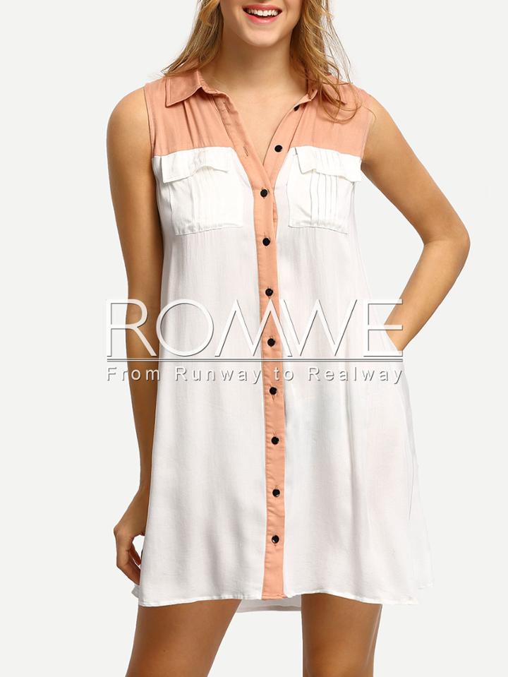Romwe White Pockets Button Down Sleeveless Dress