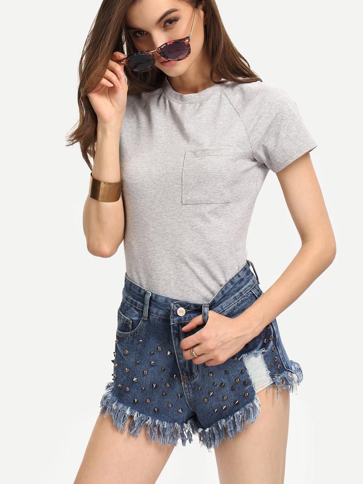 Romwe Studded Raw Hem Denim Shorts