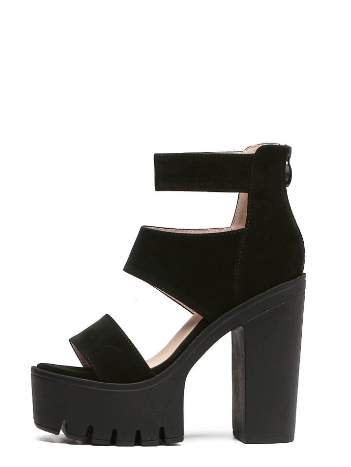Romwe Black Peep Toe Cutout Buckle Chunky Pumps
