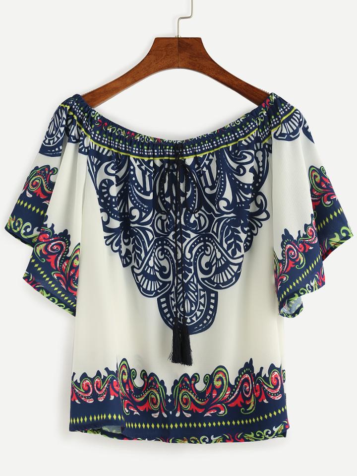 Romwe Navy Vintage Print Tie Neck Top