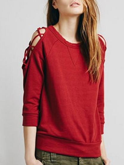 Romwe Round Neck Hollow Red Sweatshirt