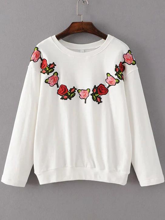Romwe White Floral Embroidery Ribbed Trim  Sweatshirt