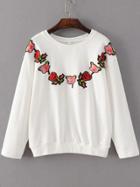 Romwe White Floral Embroidery Ribbed Trim  Sweatshirt