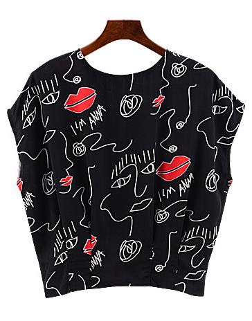 Romwe Abstract Print Crop Black Top
