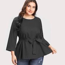 Romwe Plus Self Tie Solid Blouse